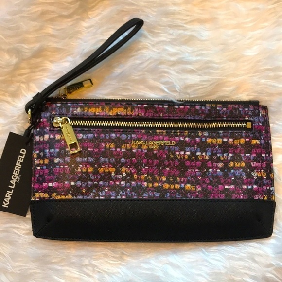 Brand New Karl Lagerfeld Zippered Plum Combo Wristlet - Picture 1 of 14